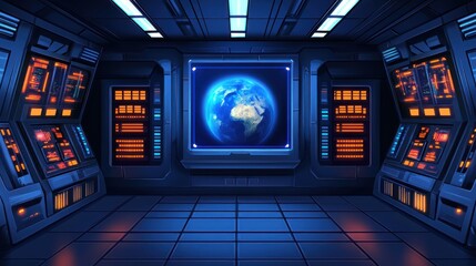 Poster - Futuristic Spaceship Interior with Earth Display