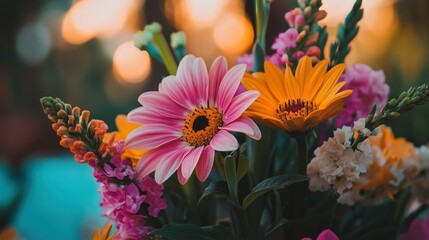 Aufkleber - Close-up of Pink and Orange Flowers with Green Stems and Leaves