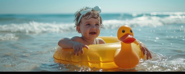 Cheerful baby in a bright yellow duck float, splashing in shallow water, smiling joyfully under the warm sunlight. Free copy space for text.