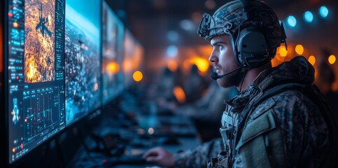 Aufkleber - A soldier focuses intently on multiple high-resolution screens displaying satellite imagery and tactical data