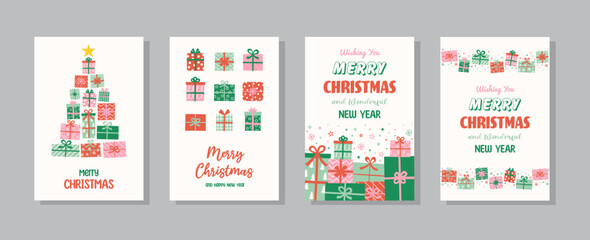 Canvas Print - Collect of Colourful Christmas greeting cards with cartoon gift boxes. Vector illustration