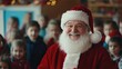 © Katerina - Jolly santa claus with children smiling in a festive classroom, warm holiday lights in the background, merry christmas and happy new year