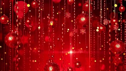 Wall Mural - red christmas ornaments with a red sparkle background and snowflakes.