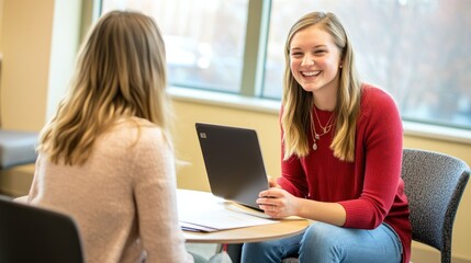 Poster - Two women sitting at a table with a laptop, one smiling and the other facing away from the camera.