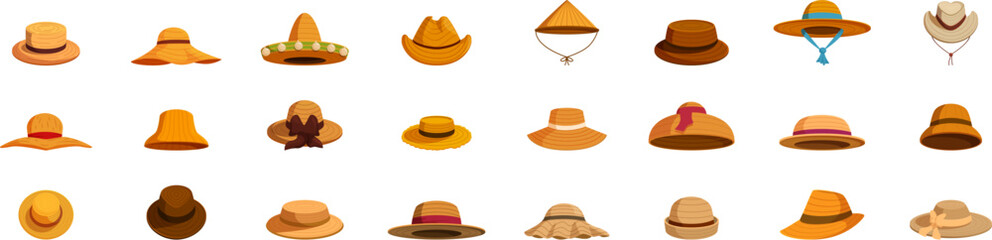 Straw headwear icons set. This set of hats includes a variety of styles, representing different cultures and professions