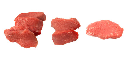 Veal pieces raw isolated on white background.