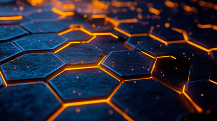 Poster - A close-up view of a glowing hexagonal pattern with intricate details, showcasing a blend of light and dark textures in a modern design