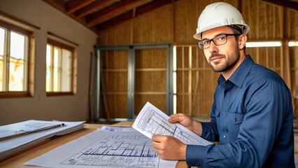 Audit of energy-efficient housing construction. A man in a hard hat at a construction site