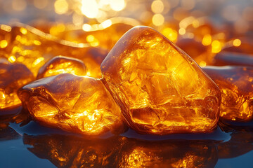 A close-up of amber stones glowing warmly, set against a shimmering background, creating a captivating and vibrant natural display.