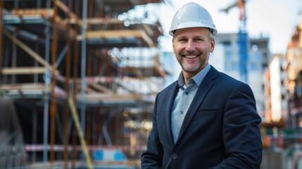 A man in a suit and helmet stands in front of a construction site.