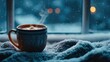 © Katerina - Cozy mug of hot chocolate on snowy blanket by window with warm bokeh lights, celebrating a peaceful merry christmas and happy new year ai