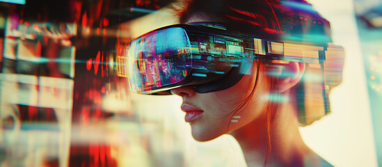 Poster - Girl in hi-tech VR glasses with elements of artificial intelligence. Background in a high-tech style. 