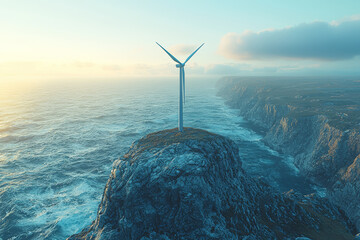 Canvas Print - A wind turbine standing alone on a cliff, representing alternative energy in the face of a power crisis. Concept of wind energy.