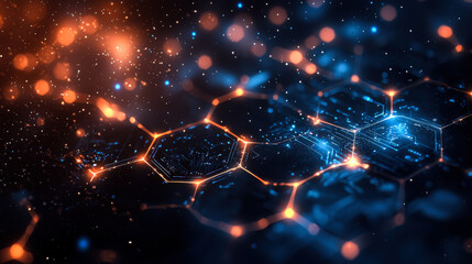 Aufkleber - Abstract digital technology background with glowing hexagonal patterns and bright particles in a dark setting