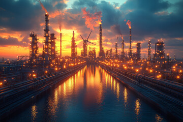 Poster - a wind turbine beside an oil refinery, representing the transition from fossil fuels to renewable en