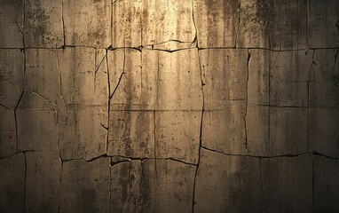 Poster - Cracked concrete wall illuminated by soft lighting, showcasing texture and patterns in a dimly lit environment