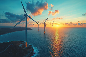 Poster - A turbine turning in the wind, powering homes and businesses, representing alternative solutions to the energy crisis. Concept of wind energy.