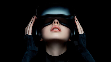 Poster - Girl in hi-tech VR glasses with elements of artificial intelligence. Background in a high-tech style. 