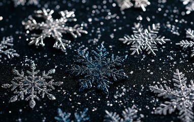Poster - sparkling snowflakes on a dark surface create a festive winter atmosphere during the holiday season