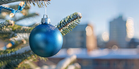 Christmas banner with single blue bauble ornament and blurry city in background