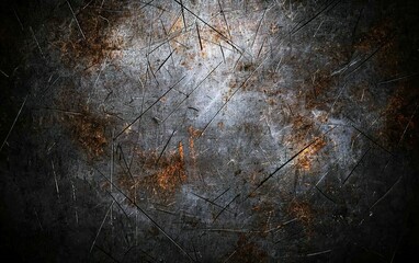Poster - Textured metallic surface with scratches and rust present in dim lighting, showing signs of wear and age over time