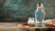 © fivan - Crystal-clear Ranch Water in a glass bottle, isolated on a wooden board with decorative chili peppers and a small jar of salt