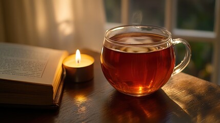 Poster - Steaming Cup of Tea with Candle and Open Book on a Wooden Table