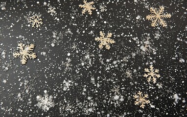 Poster - delicate snowflakes scattered on a dark surface create a winter wonderland effect during the holiday