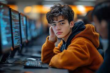 Poster - A student learning about cybersecurity in a classroom, symbolizing the growing importance of education in this field. Concept of cybersecurity education.