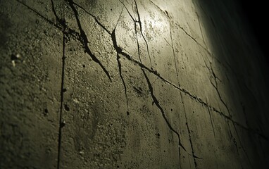 Poster - Cracked concrete wall illuminated by soft light in a dim environment showcasing texture and depth