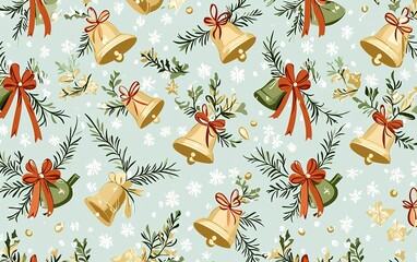 Wall Mural - Festive holiday wrapping paper with bells, ribbons, and greenery on a light blue background