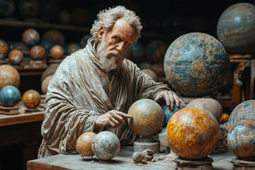 Wall Mural - a sculptor molding planets and stars from clay, representing the physical creation of the cosmos. co