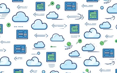 Poster - Seamless digital pattern featuring cloud storage icons, data transfer symbols, and computing elements on a light background