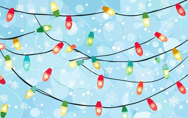 Wall Mural - Colorful holiday lights strung across a blue background with snowflakes and soft bokeh effects create a festive atmosphere