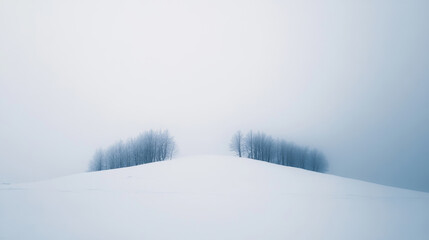 Bare trees in two groups stand on a snow-covered hilltop on a foggy winter day