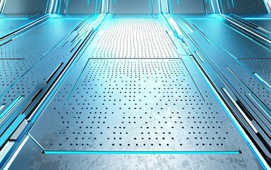 Poster - Futuristic metallic floor embedded with blue lighting and perforated patterns in a technologically advanced environment