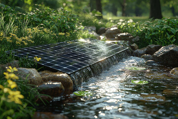 Poster - A river flowing through a solar panel, symbolizing the connection between water and renewable energy. Concept of sustainable energy sources.