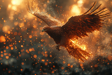 Poster - a phoenix rising from ashes, symbolizing rebirth and creation from destruction. concept of regenerat