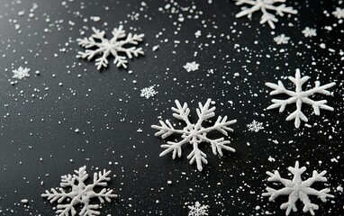 Poster - delicate snowflakes scattered on a dark surface creating a winter wonderland effect