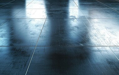 Poster - Shiny black tiled floor reflecting light in a spacious modern interior during the day