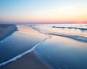 Wall Mural - a calm quiet beach at dawn with the first light of day reflecting off the water and the sand beneath