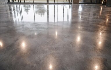 Poster - Polished concrete flooring reflecting warm lighting in a modern interior space during daylight hours