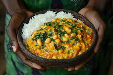 A close-up of a wooden bowl with a yellow bean stew and white rice, held by a person's hands