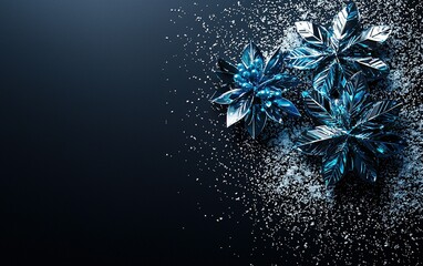 Poster - decorative blue snowflakes with glittering details arranged on a dark background, creating a winter 