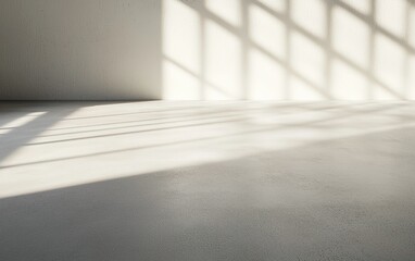 Poster - Soft sunlight casts intricate shadows on a clean concrete floor in a minimalistic indoor space during the afternoon