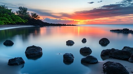 Wall Mural - a quiet secluded beach with calm waters reflecting the colors of a vibrant sunset rocks lining the s