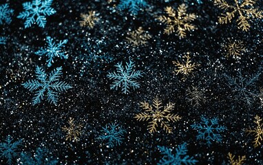 Poster - a beautiful array of blue and gold snowflakes scattered on a dark background during the winter seaso