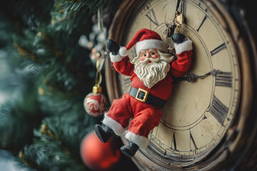 Wall Mural - Santa Claus perched on clock face reading 