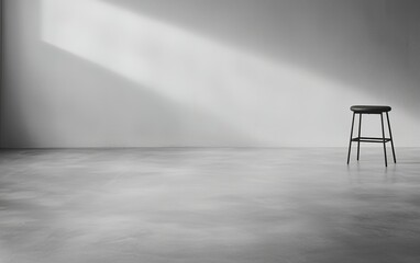 Poster - a solitary black stool stands in a minimalist room illuminated by soft sunlight streaming through a 