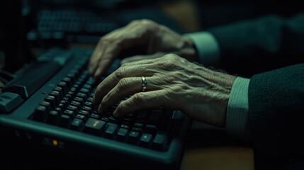 Poster - Close-up of a hand typing on a keyboard with a ring on the finger